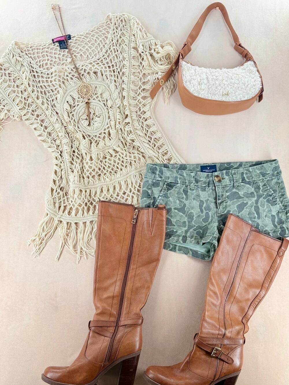 Y2K Boho Outfit Camo Shorts Crochet Top Sherpa Bag Sizes 4 M